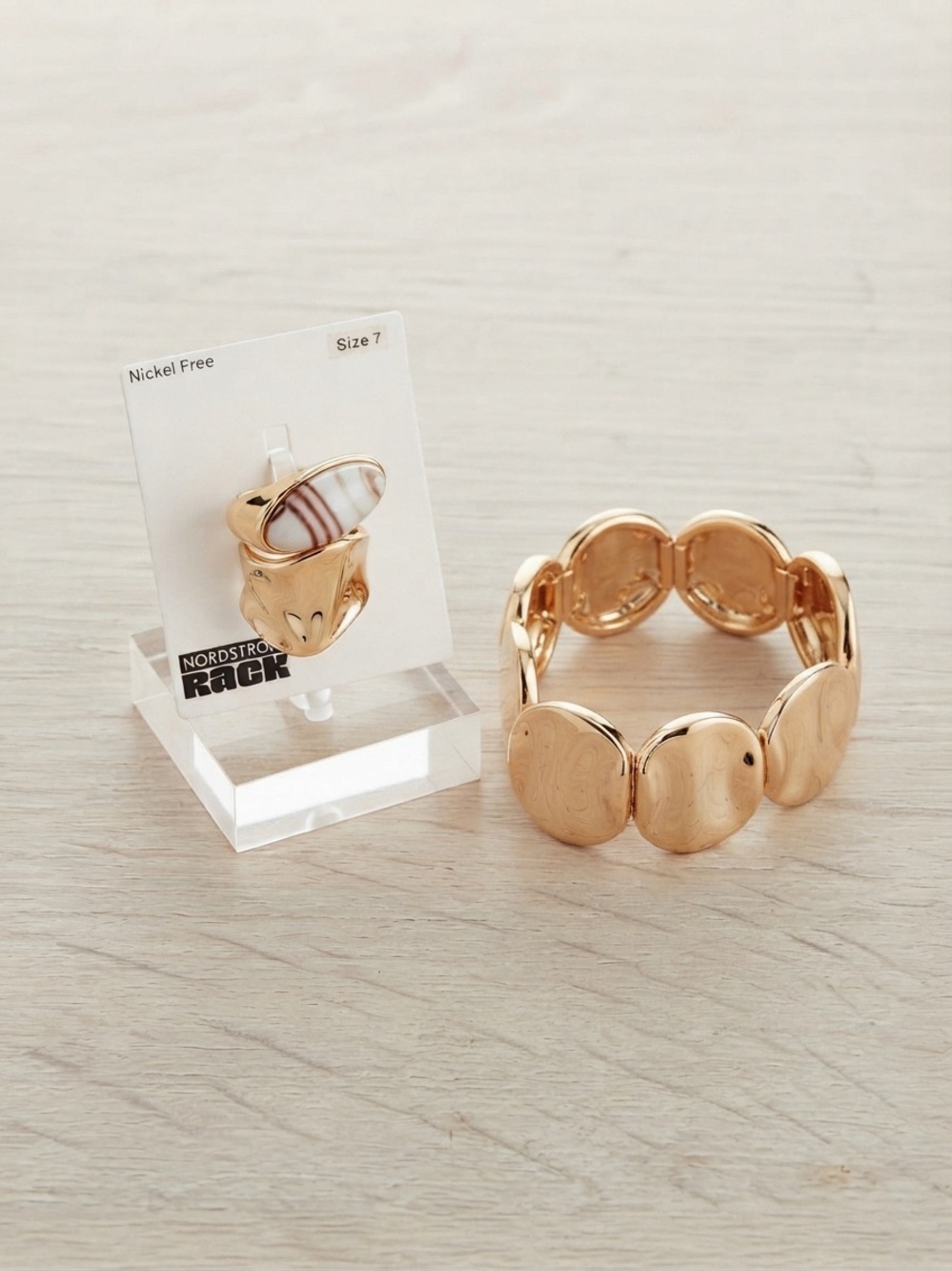 Nordstrom Gold-Tone Marbled Stone Ring Set and Stretch Bracelet